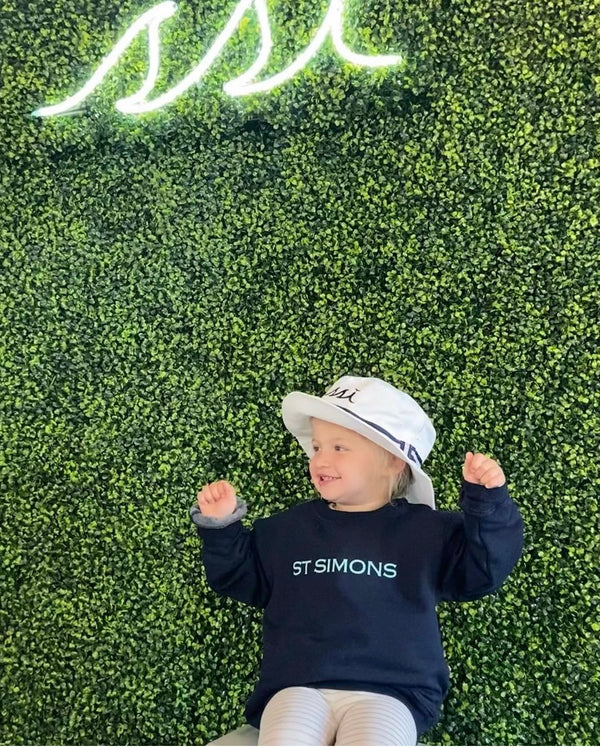 Kids Navy Modal Blend Sweatshirt with Aqua St Simons on Front and Aqua Logo on Arm