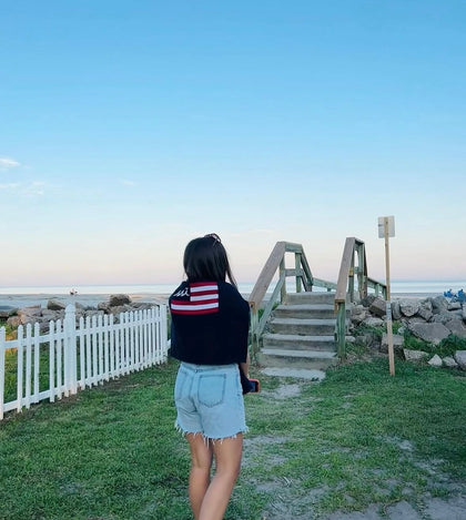 Navy Flag Sweater w White logo in the corner of the flag