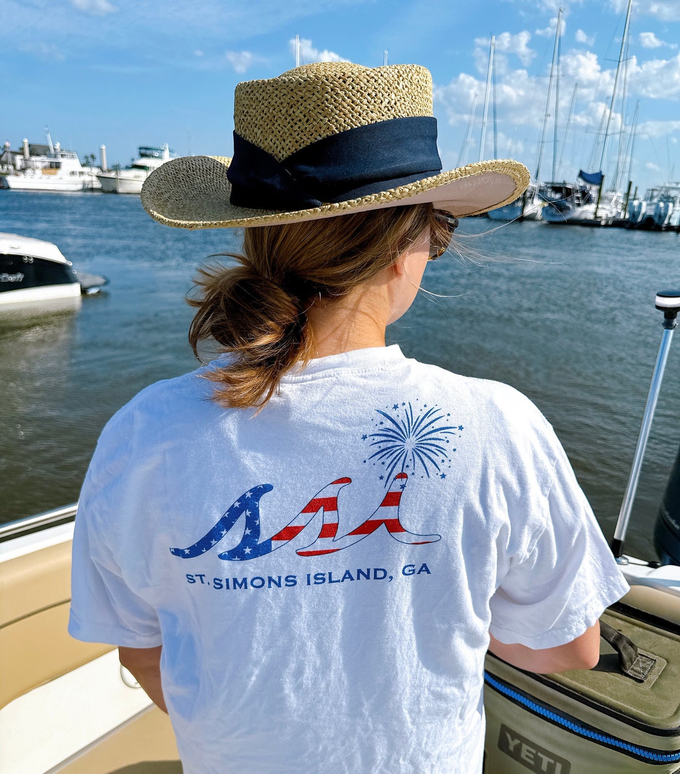 Comfort Colors White St. Simons Island American Flag Fireworks Tee — Patriotic SSI Logo