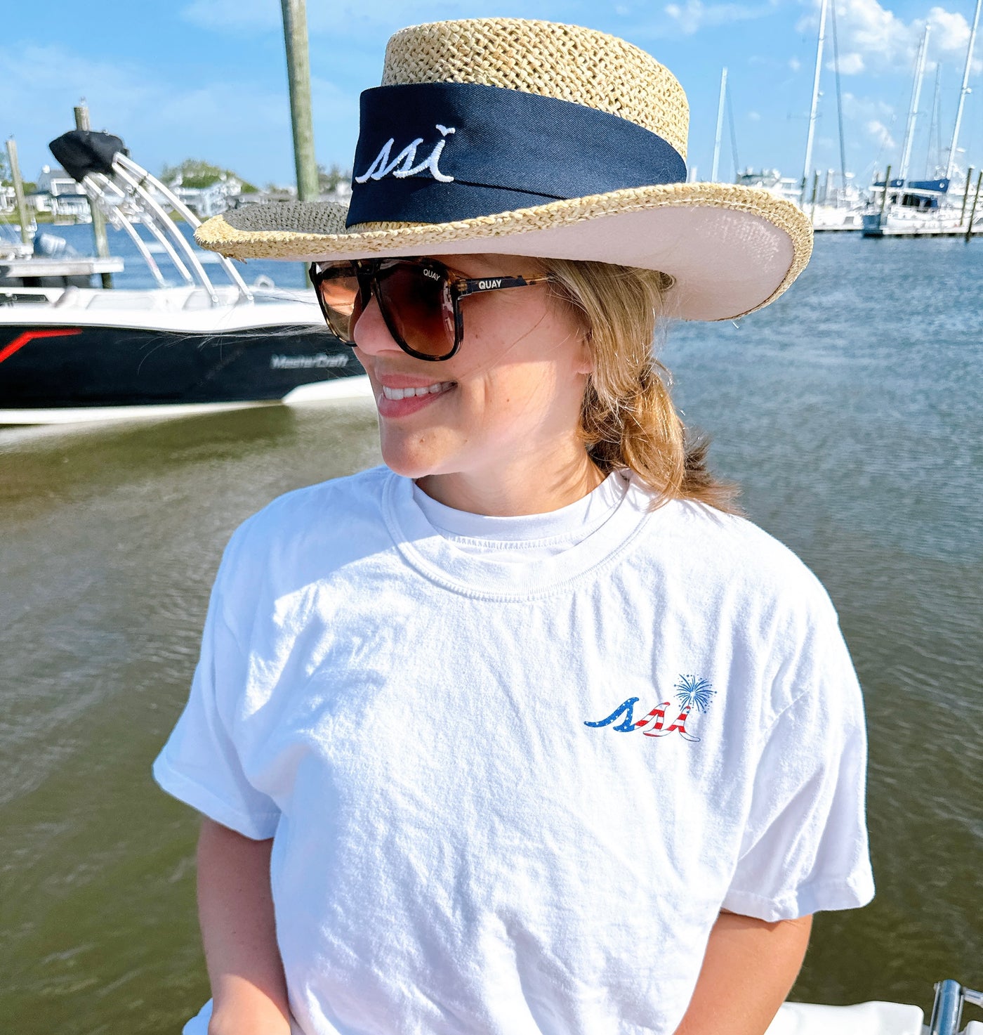 Comfort Colors White St. Simons Island American Flag Fireworks Tee — Patriotic SSI Logo
