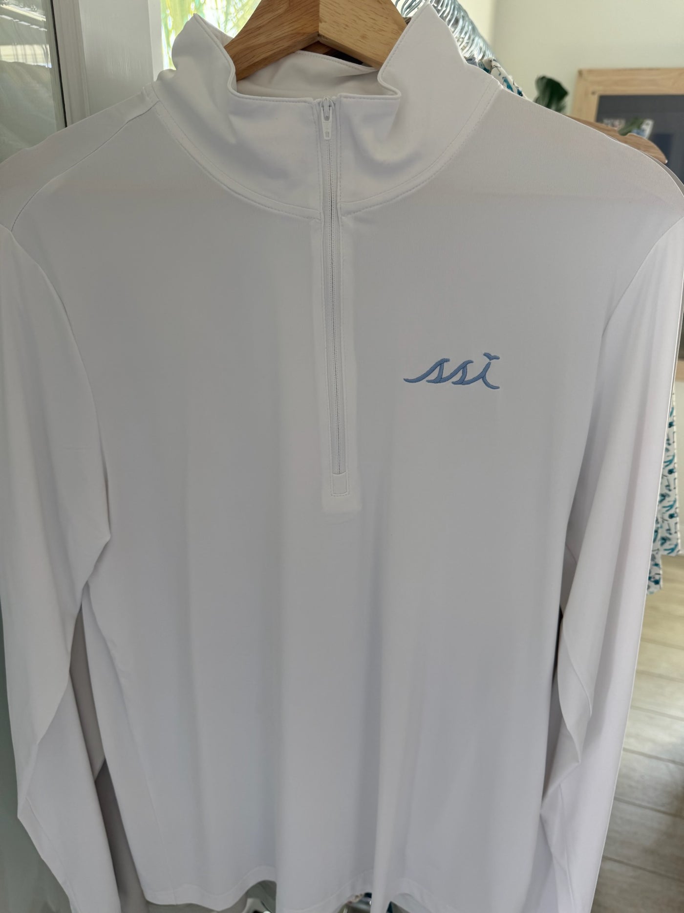 Ladies 1/4 Zip Performance Pullover White with Light Blue logo