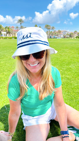White Imperial Bucket Hat with Navy Band and Logo-Large