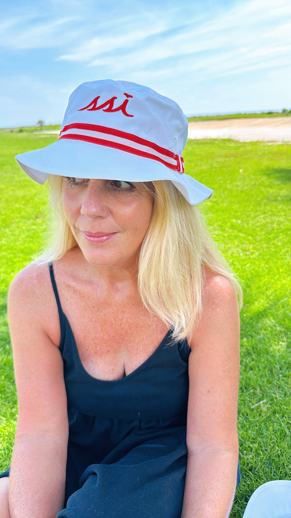 Coastal White Bucket Hat — Red Striped Band