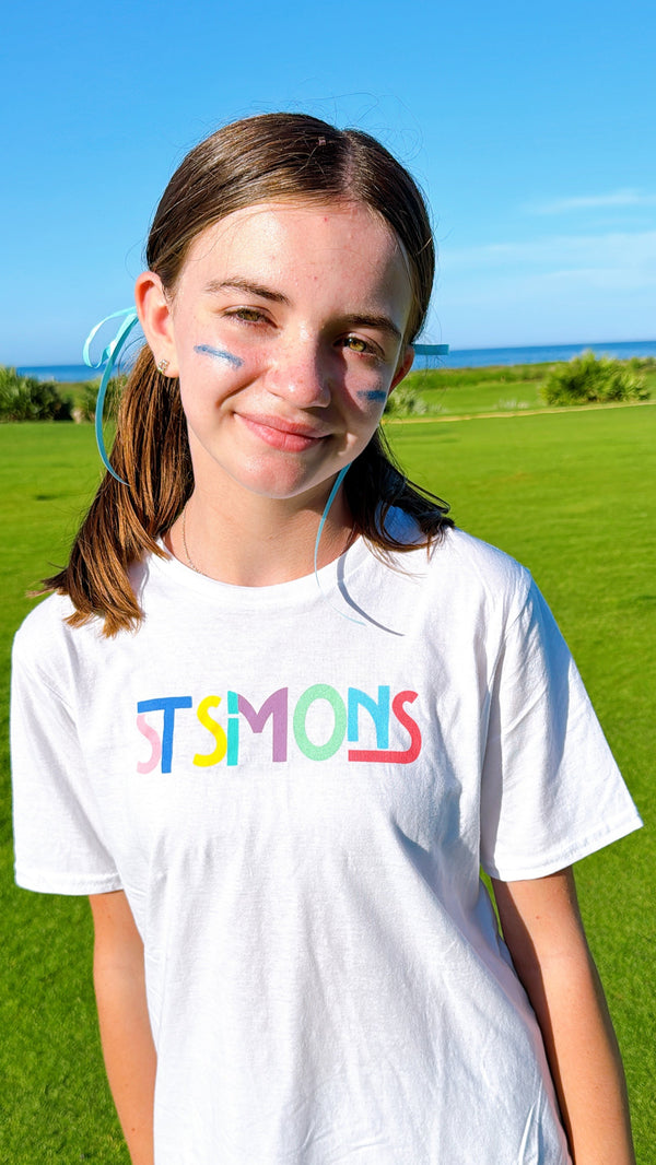 Kids "ST SIMONS" Tee — White with Rainbow Block Letters