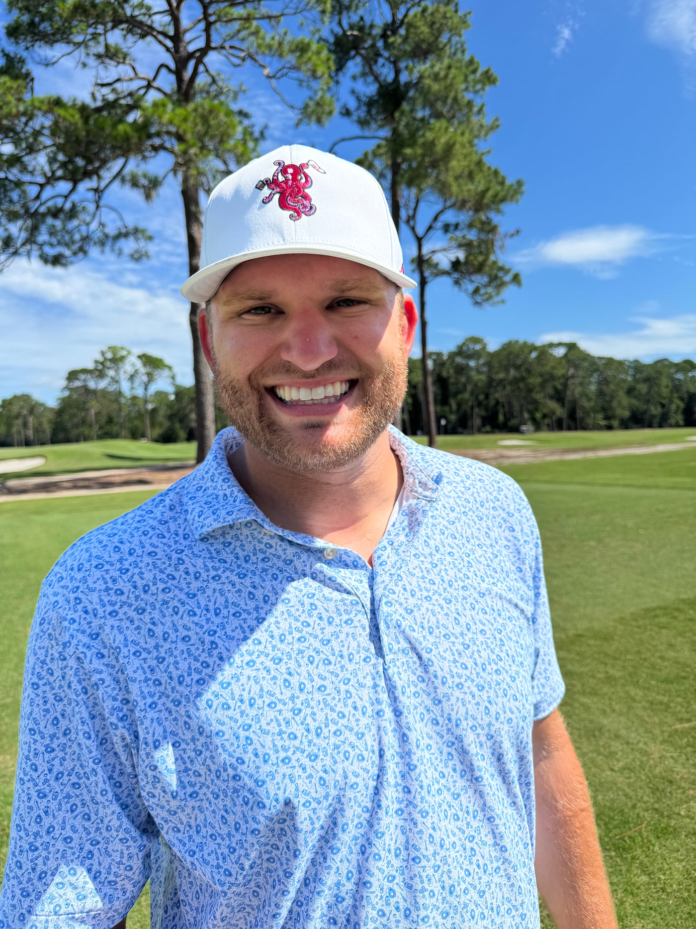 Coastal White Octopus Cap — Red & Navy Embroidered Mascot