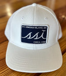 White Proflex Hat / Navy Patch, White Border & Logo/ White Mesh / Adjustable