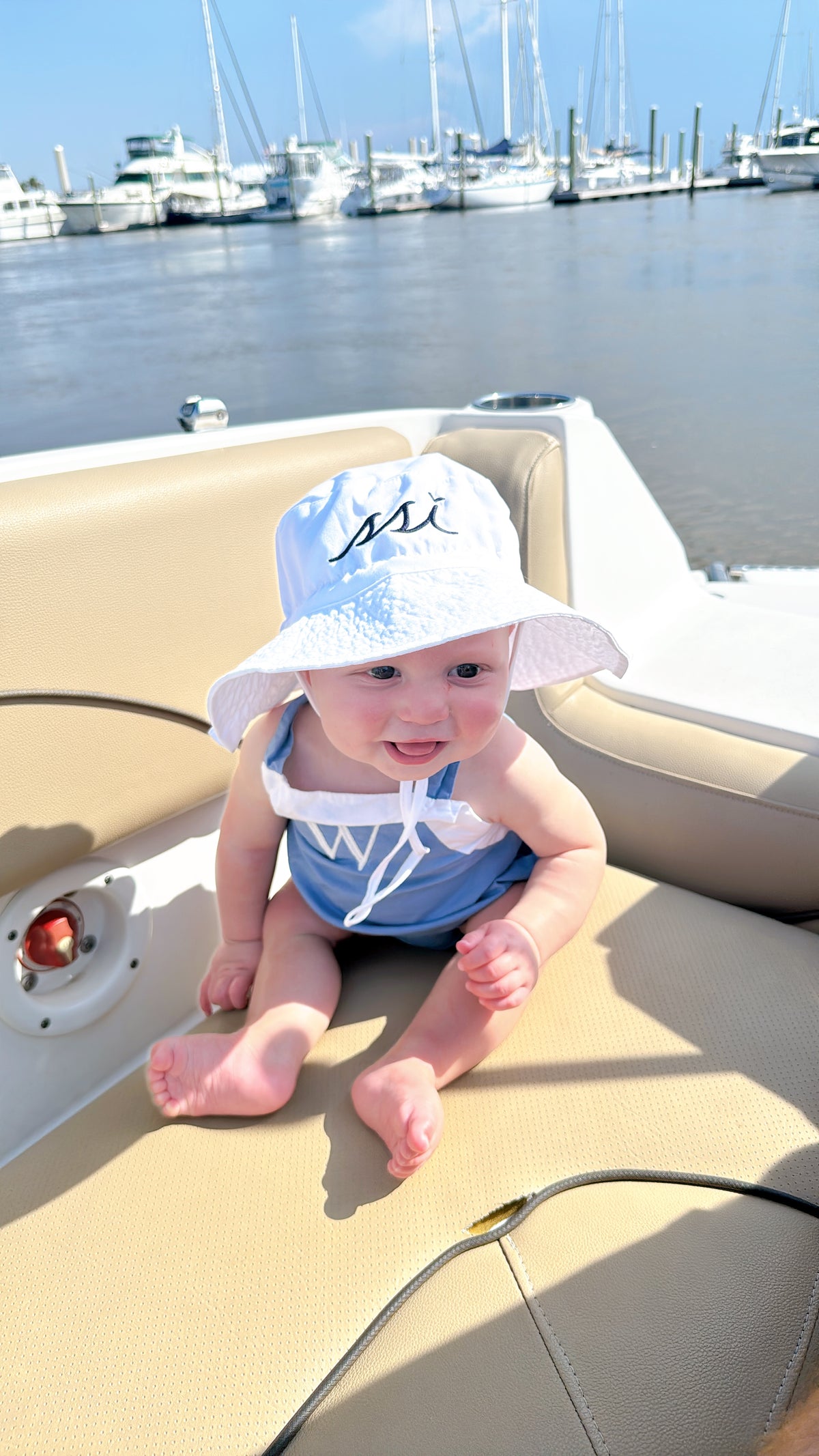 St. Simons Island White Bucket Hat Navy Logo — Size Small