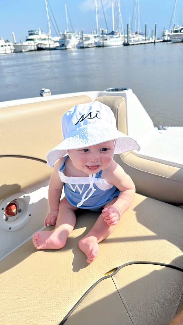 White Bucket Hat with Navy Logo
