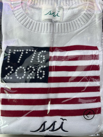 White Sweater w/ 1776 & 2026 Flag Navy Logo
