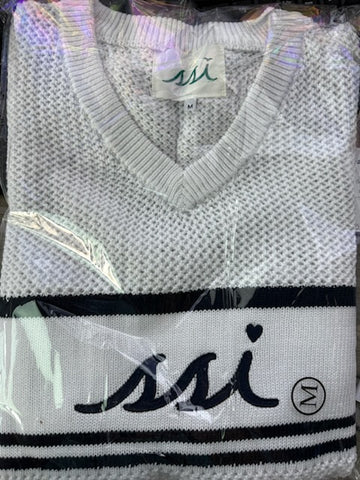 White V-Neck Crochet Sweater w/ Navy SSI Logo and Heart dotting i