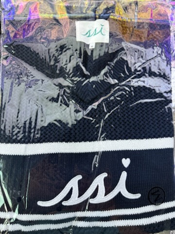 Navy V-Neck Crochet Sweater w/ SSI Logo and Heart dotting i