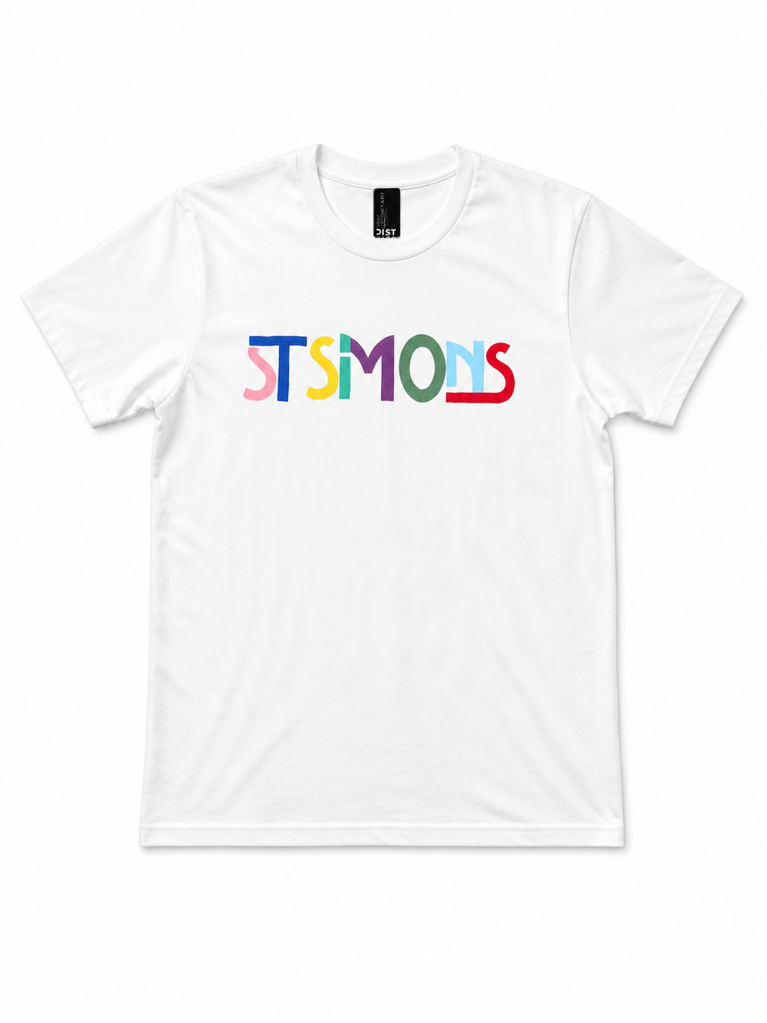 Kids "ST SIMONS" Tee — White with Rainbow Block Letters