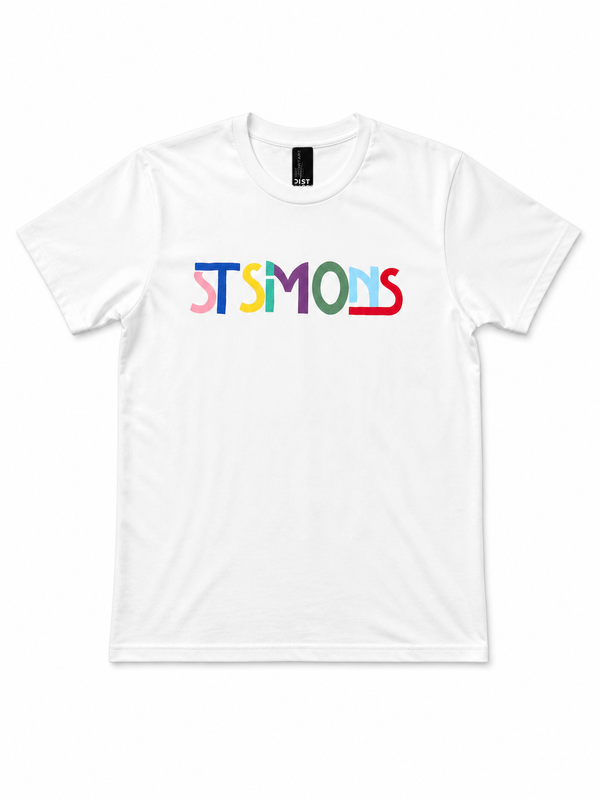 Kids "ST SIMONS" Tee — White with Rainbow Block Letters