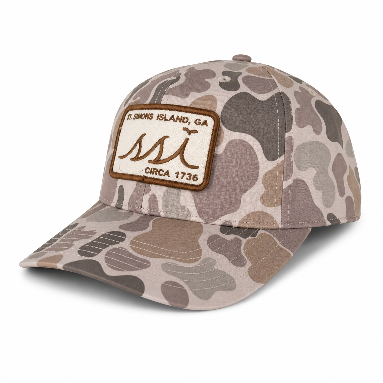 Legacy Back 9 Duck Camo Hat — St. Simons Island Circa 1736 Patch