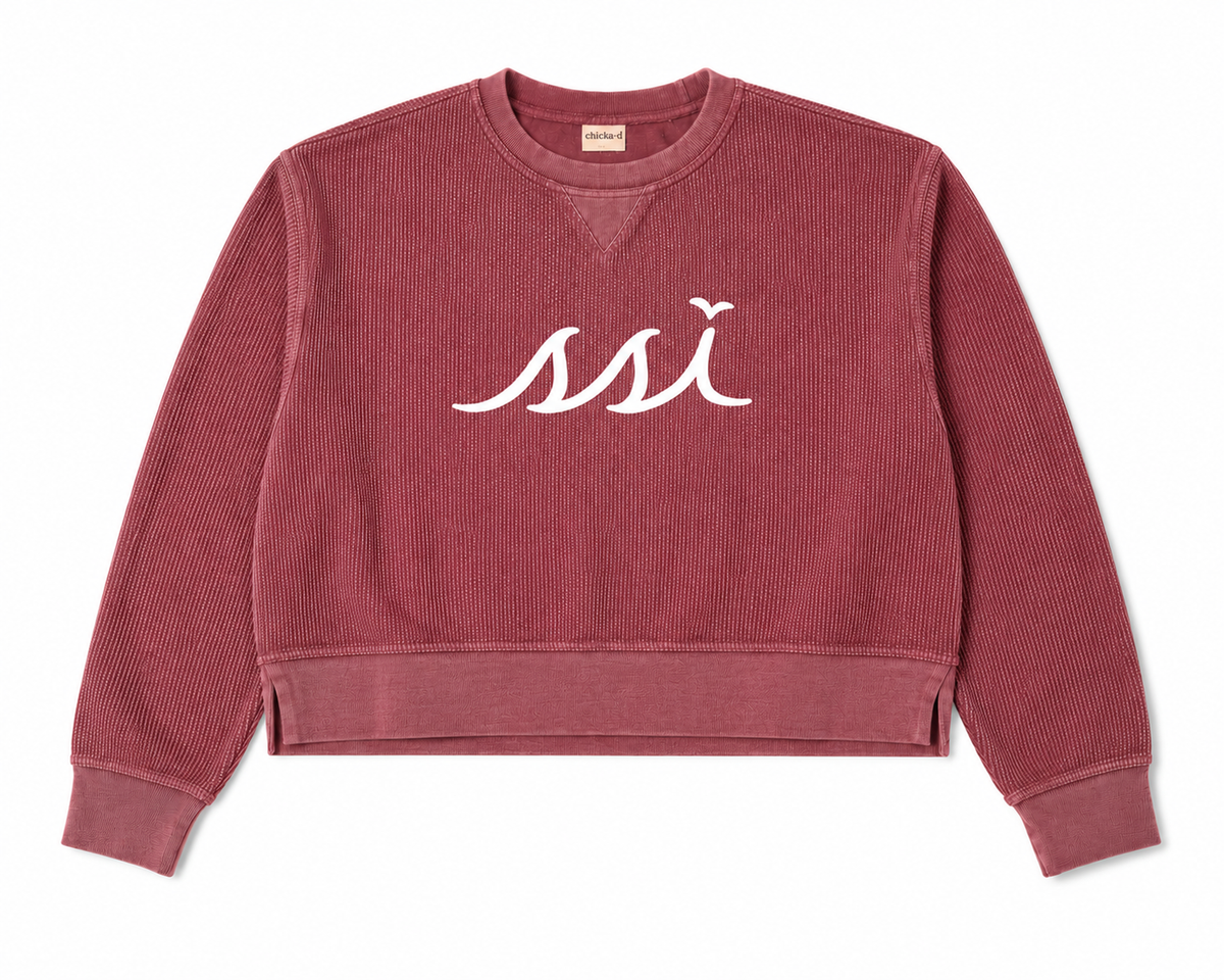 Women's chicka-d Maroon St. Simons Island Corded Crewneck Sweatshirt — White SSI Logo