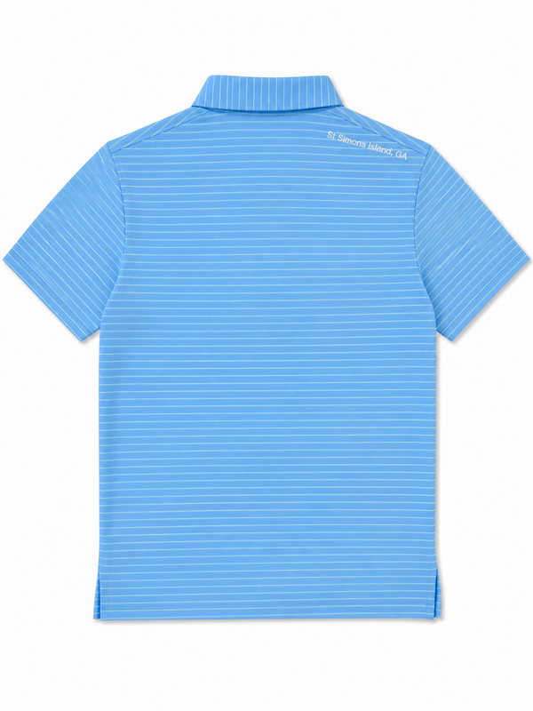 Men's Harbor Blue and Aqua St. Simons Island Striped Performance Polo Shirt — White SSI Logo UPF 50