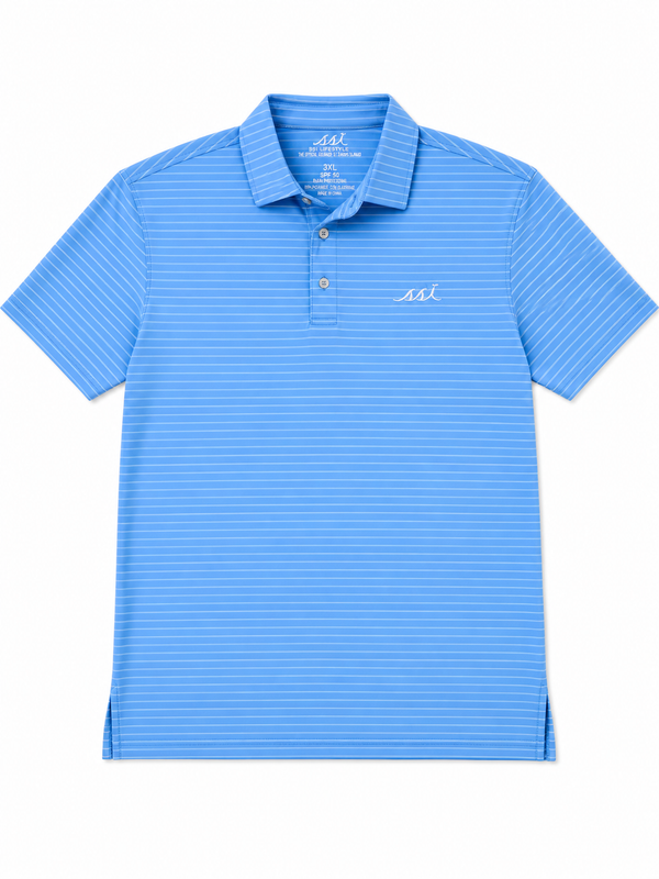 Men's Harbor Blue and Aqua St. Simons Island Striped Performance Polo Shirt — White SSI Logo UPF 50