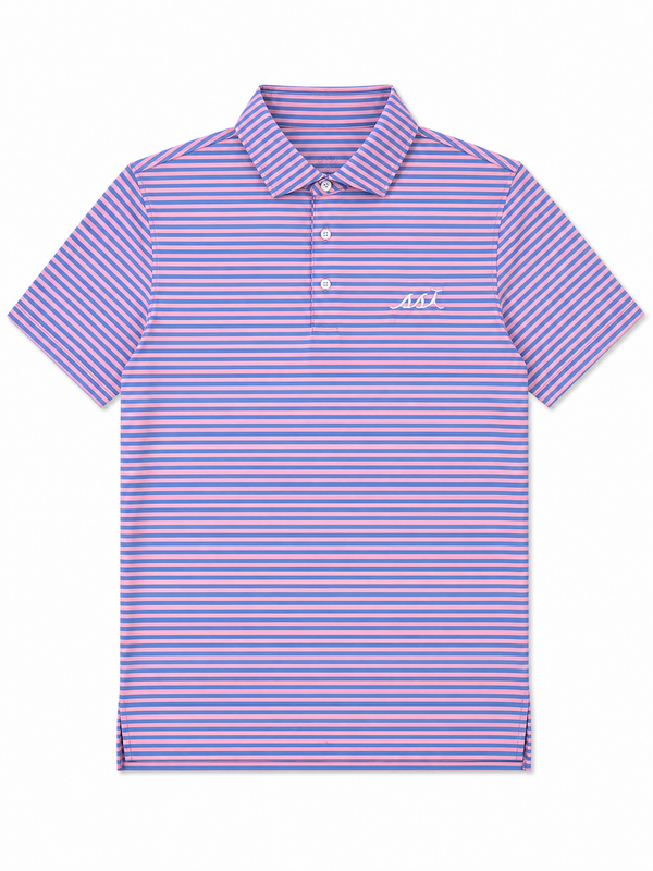 Men's Pink and Blue St. Simons Island Striped Performance Polo Shirt — White SSI Logo