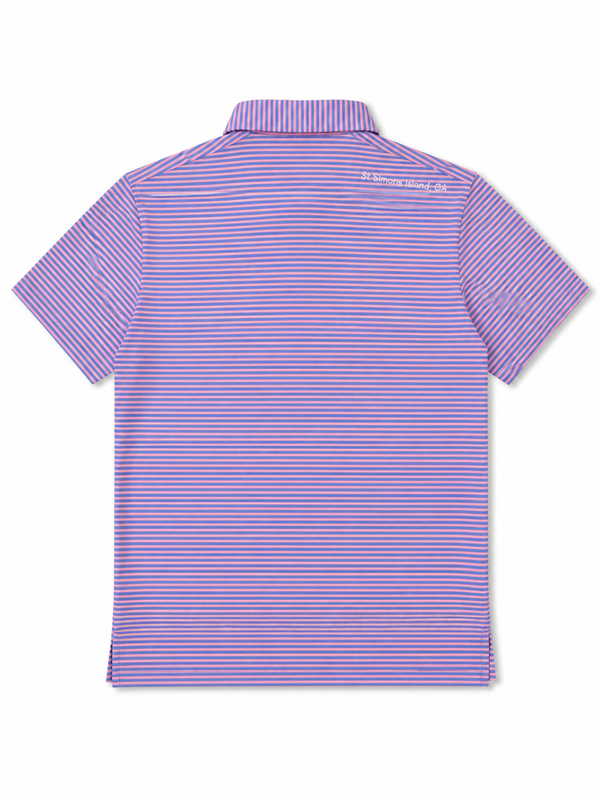 Men's Pink and Blue St. Simons Island Striped Performance Polo Shirt — White SSI Logo