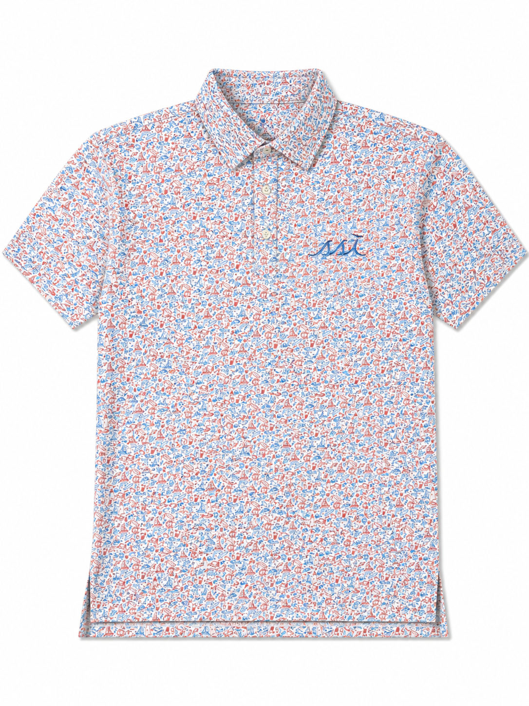 Men's Red and Blue St. Simons Island Icons Allover Print Performance Polo Shirt — Blue SSI Logo