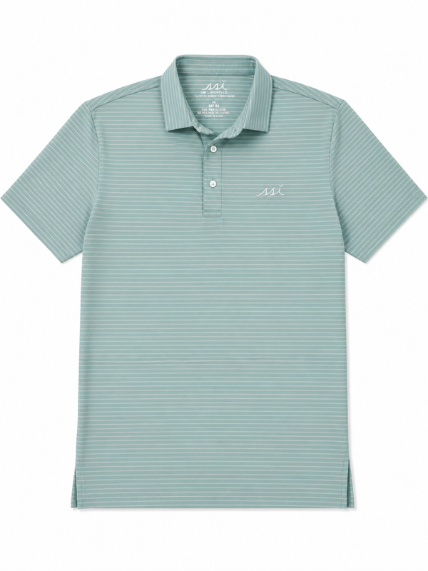 Men's Sage St. Simons Island Striped Performance Polo Shirt — White SSI Logo UPF 30