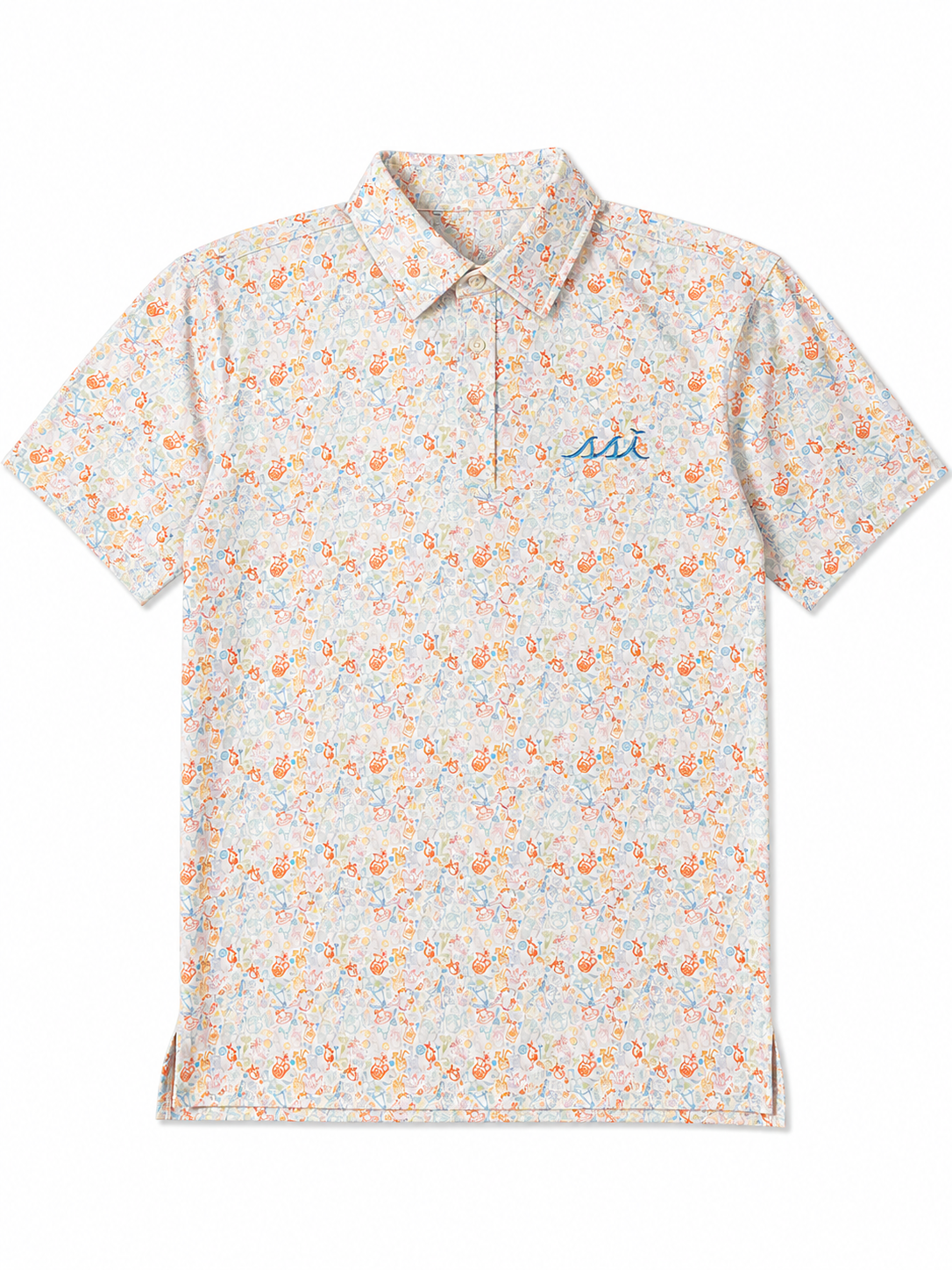Men's Spring Tones Cocktail Allover Print St. Simons Island Performance Polo Shirt — Blue SSI Logo