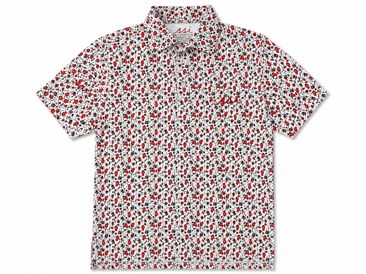 Kids Stretch Performance Polo — Game Day Busy Print