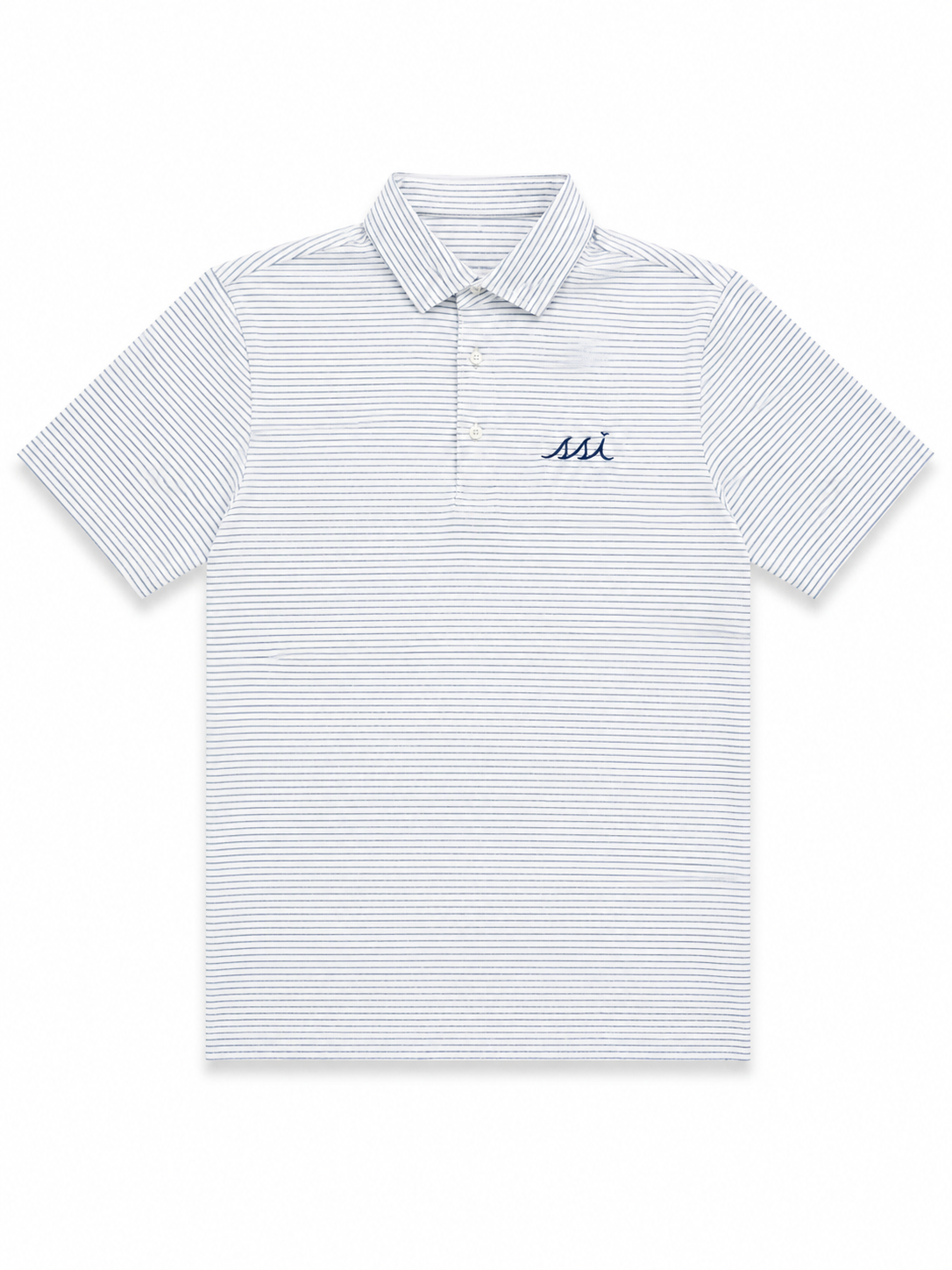 Men's White and Navy St. Simons Island Striped Performance Polo Shirt — Navy SSI Logo