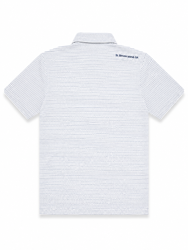 Men's White and Navy St. Simons Island Striped Performance Polo Shirt — Navy SSI Logo
