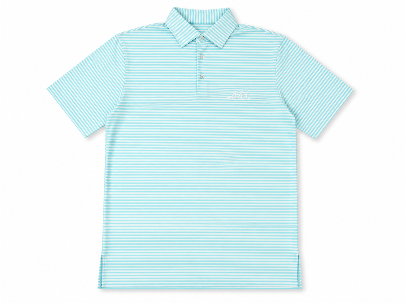 Men's Aqua and White Stripe Performance Polo Shirt — White SSI Logo