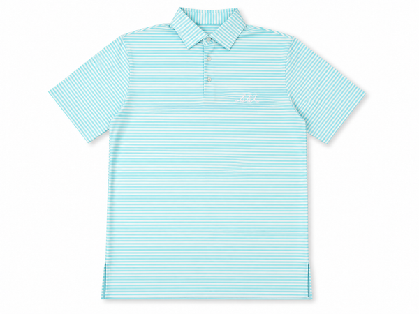Men's Aqua and White Stripe Performance Polo Shirt — White SSI Logo