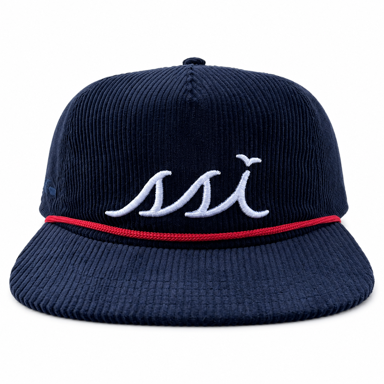 Navy Corduroy Rope Hat — White Raised Logo with Red Cord