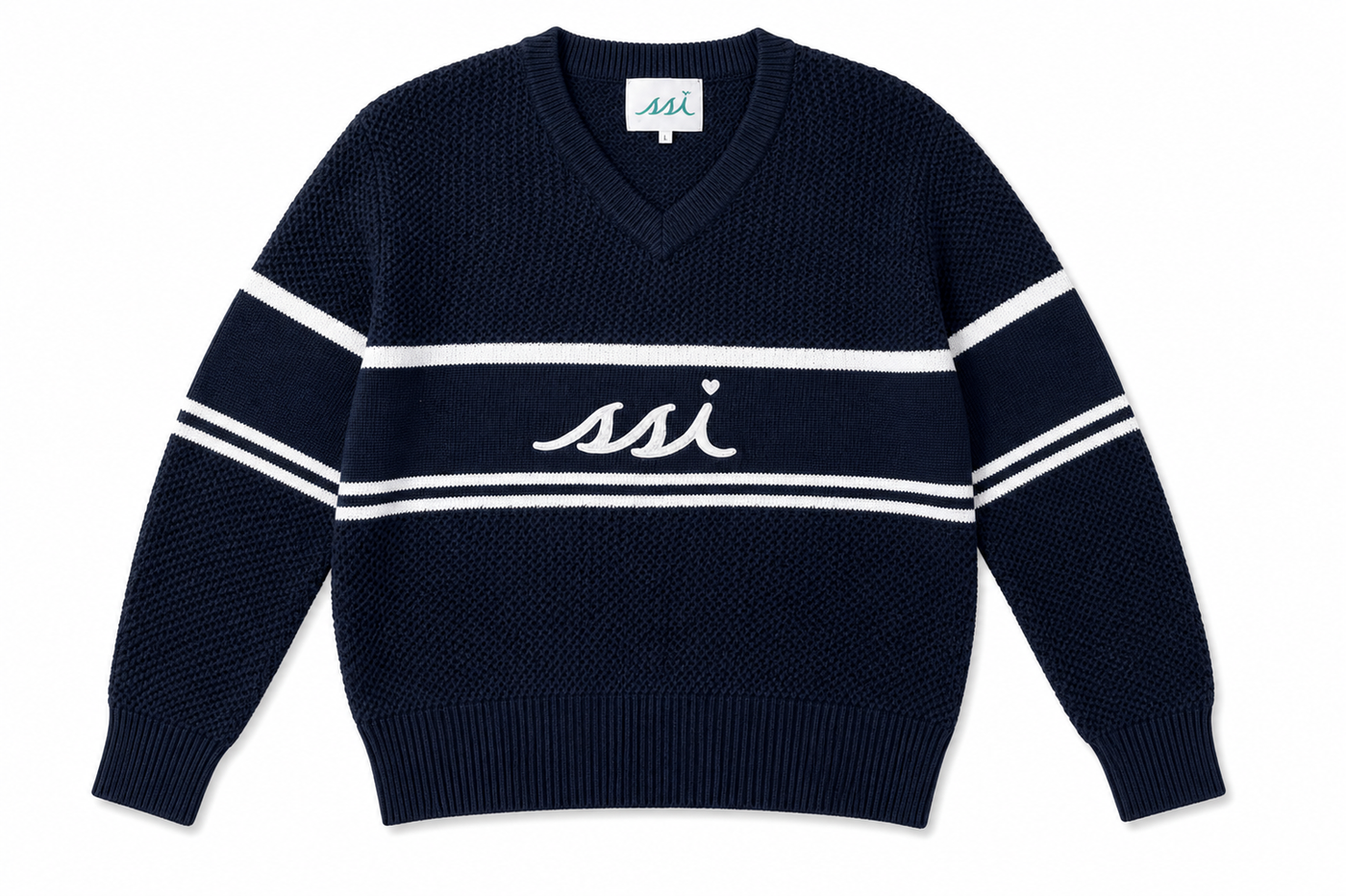 Navy V-Neck Crochet Sweater - White Stripe & SSI Heart