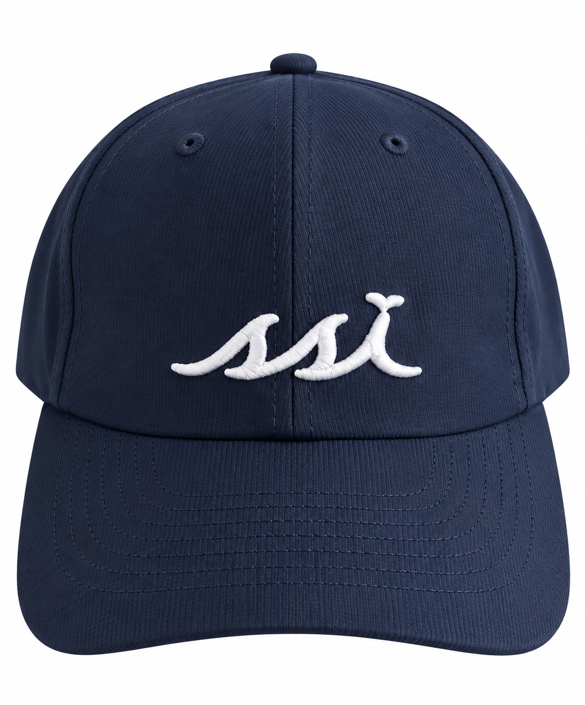 Front: Navy St. Simons Island Imperial hat with raised white SSI logo, front view
Side or back: Navy St. Simons Island Imperial hat, side view and …back view with adjustable closure