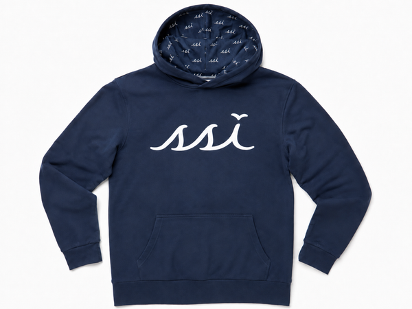 Ultrasoft Navy St. Simons Island Hoodie — White SSI Logo & Logo-Lined Hood