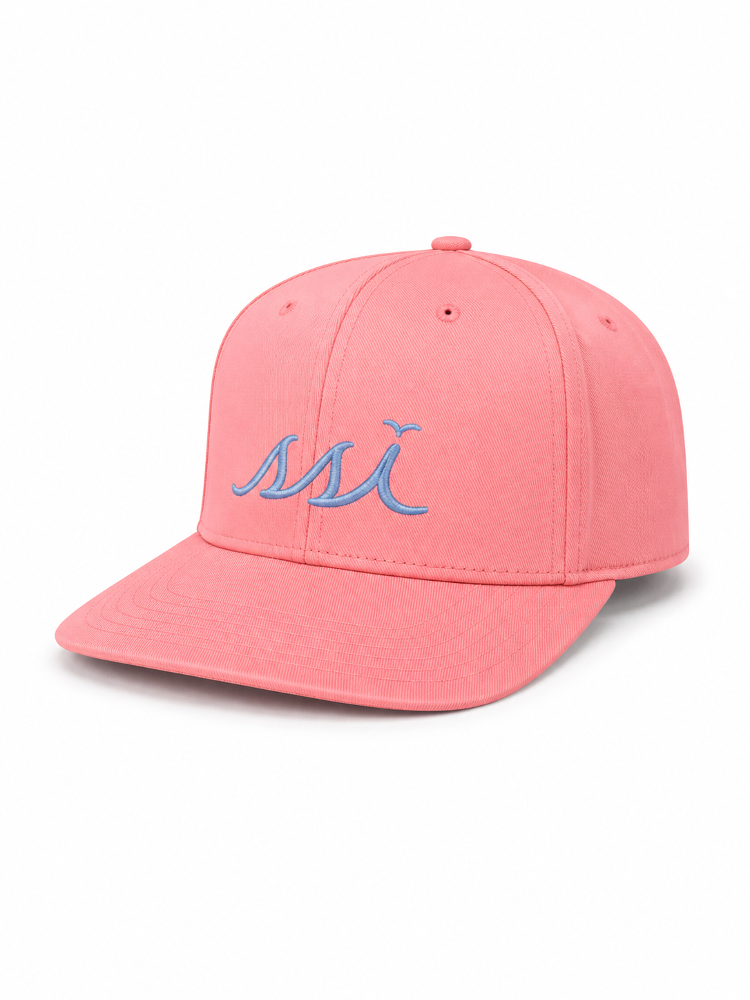 Coral Pink Cap — Sky Blue Logo with Hidden Crab Under-Brim