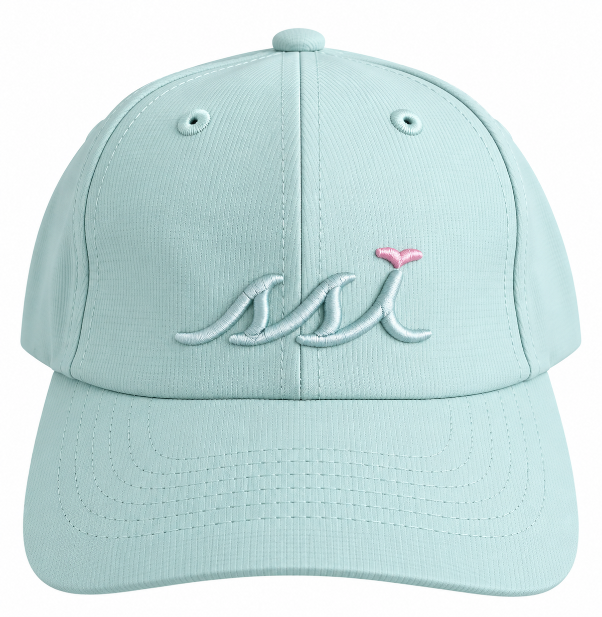 Robin's Egg St. Simons Island performance cap with raised SSI logo and pink bird, front view.