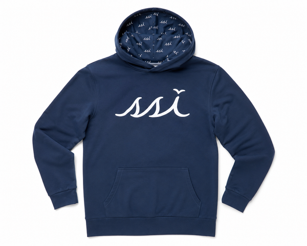 Ultrasoft Navy St. Simons Island Hoodie — White SSI Logo & Logo-Lined Hood