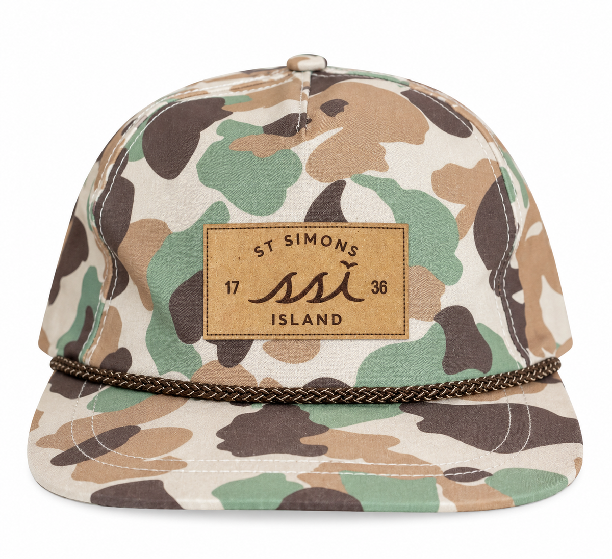 Camo St. Simons Island Imperial Rope Hat — Cork SSI Patch with Brown Rope