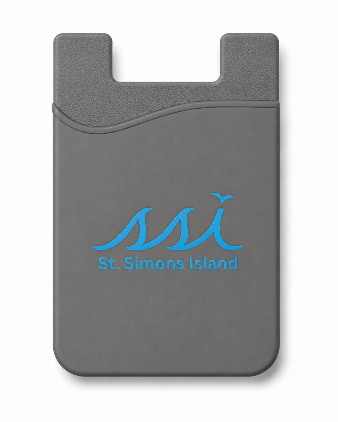 St. Simons Island Gray Silicone Phone Card Holder — Light Blue SSI Logo