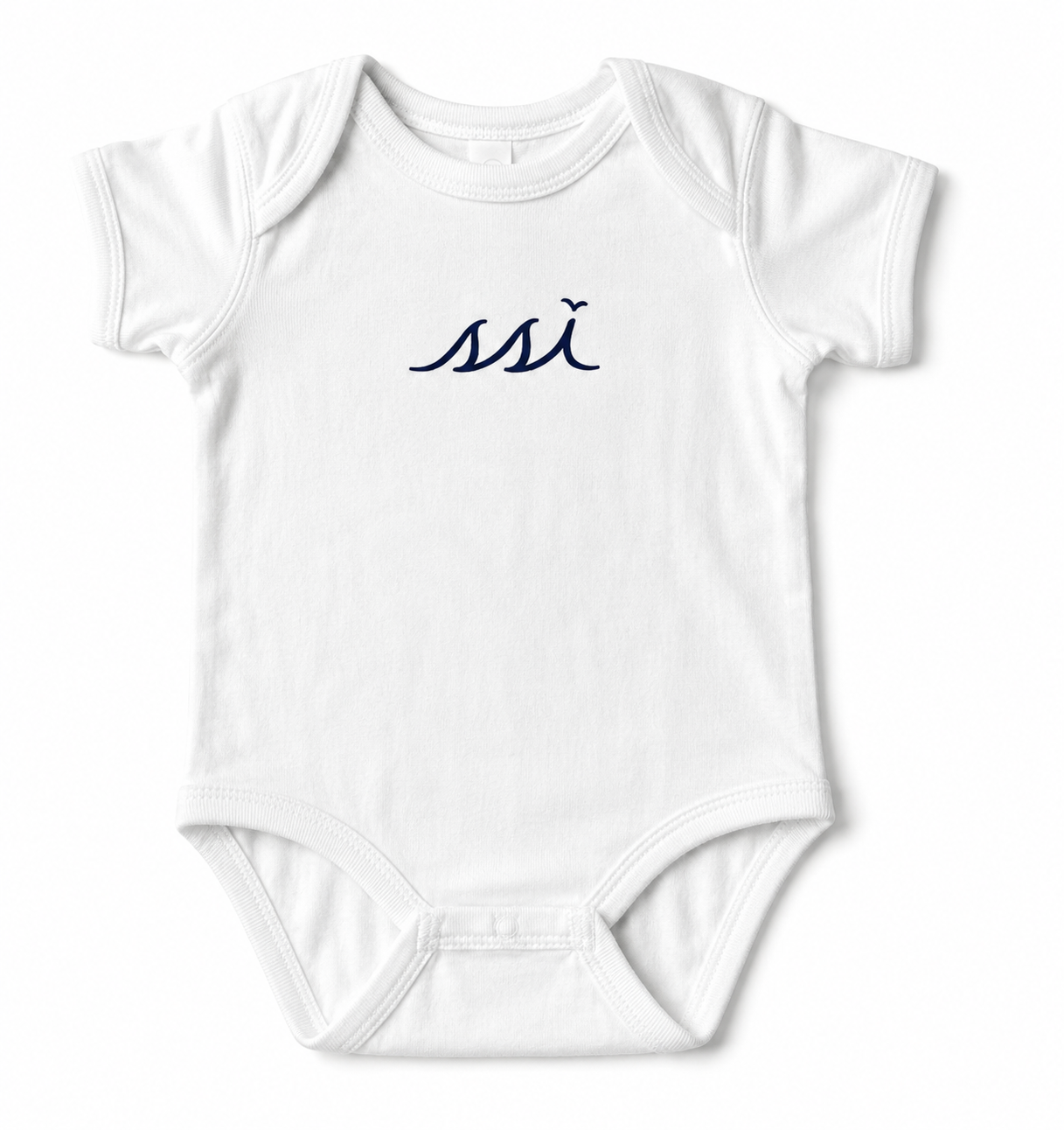 St. Simons Island White Baby Bodysuit — Navy SSI Logo