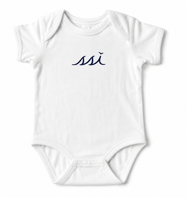 St. Simons Island White Baby Bodysuit — Navy SSI Logo