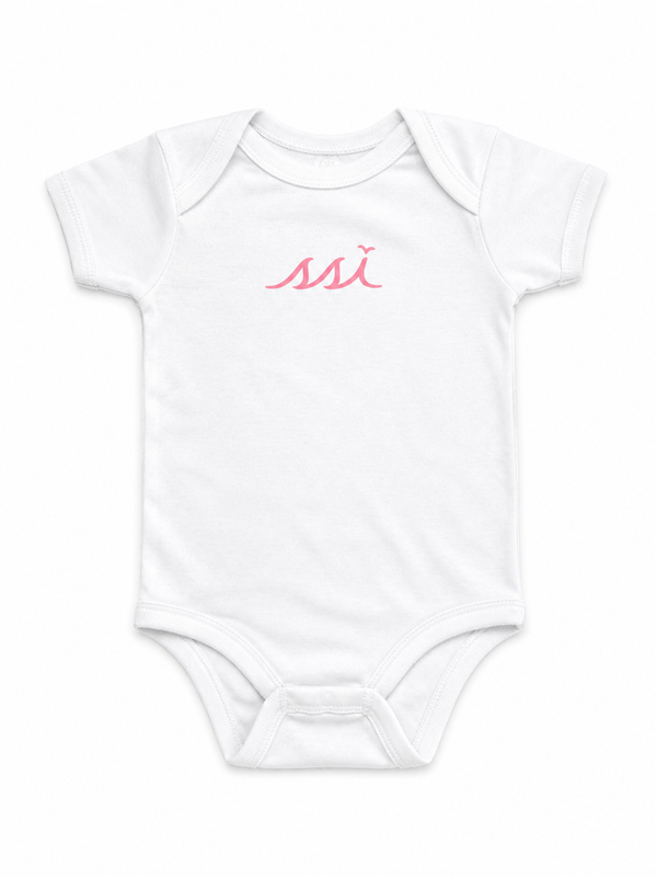 St. Simons Island White Baby Bodysuit — Pink SSI Logo