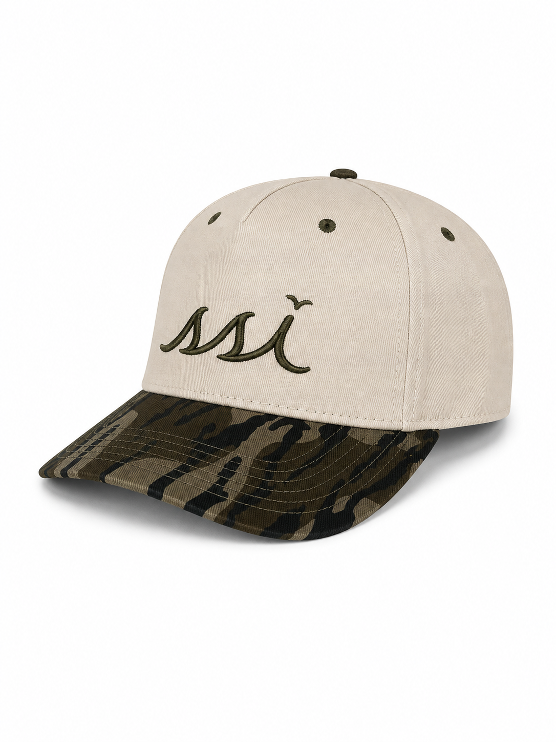 Stone Heritage Cap — Camo Bill & Olive Logo