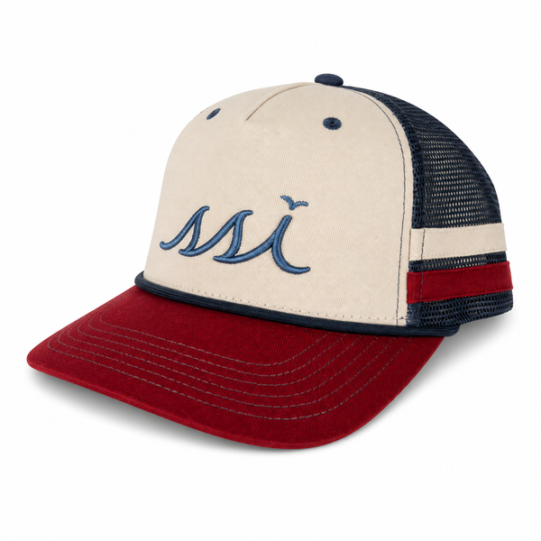 Stone Bar Trucker Hat — Red Bill with Navy Mesh & Blue Logo