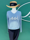 Baby Blue V-Neck Sweater w Script SSI Logo and Pink Heart dotting i