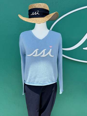 Baby Blue V-Neck Sweater w Script SSI Logo and pink heart dotting i