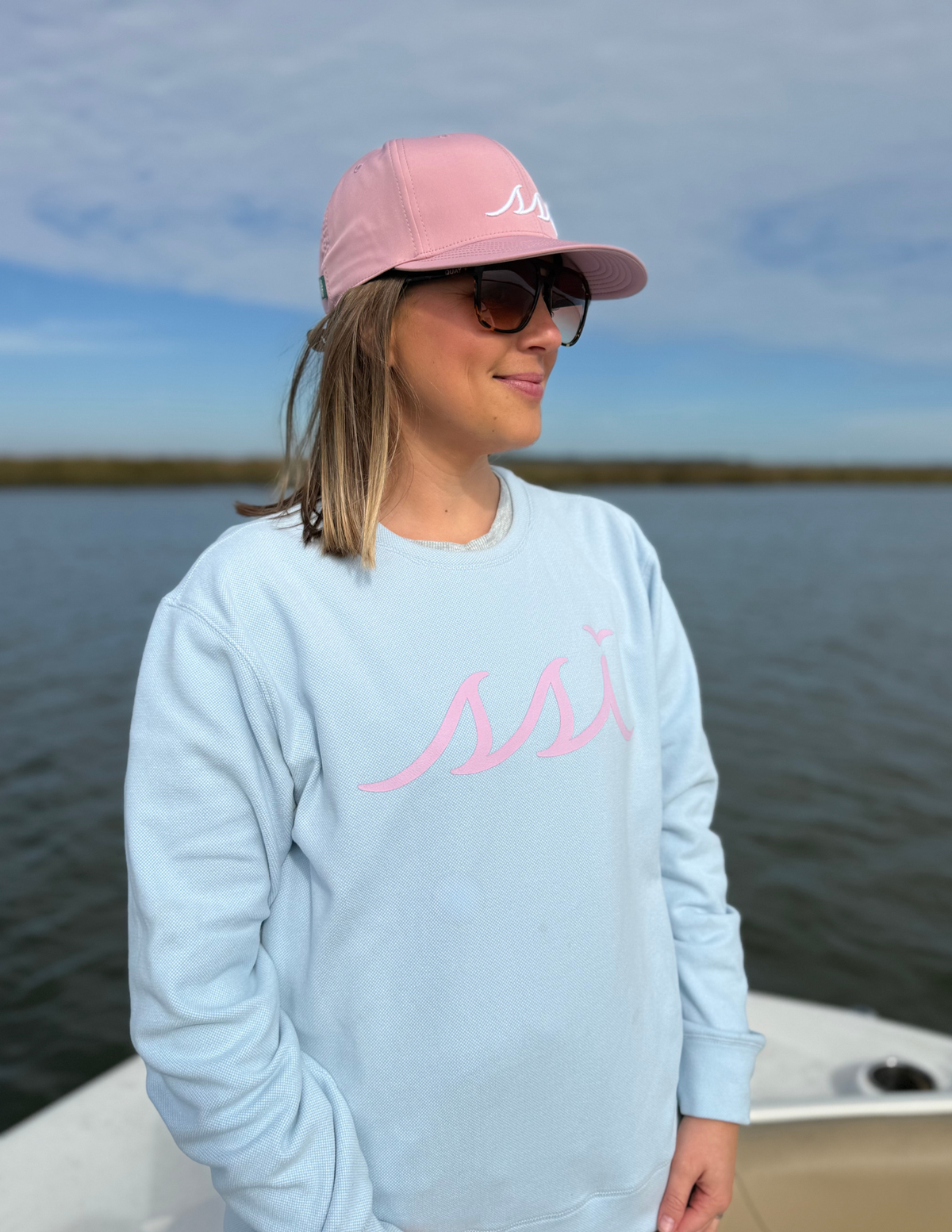 Ultrasoft Sky Blue Crewneck Sweatshirt — Pink SSI Logo