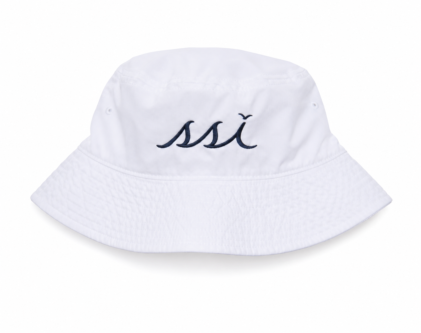 St. Simons Island White Bucket Hat Navy Logo — Size Small