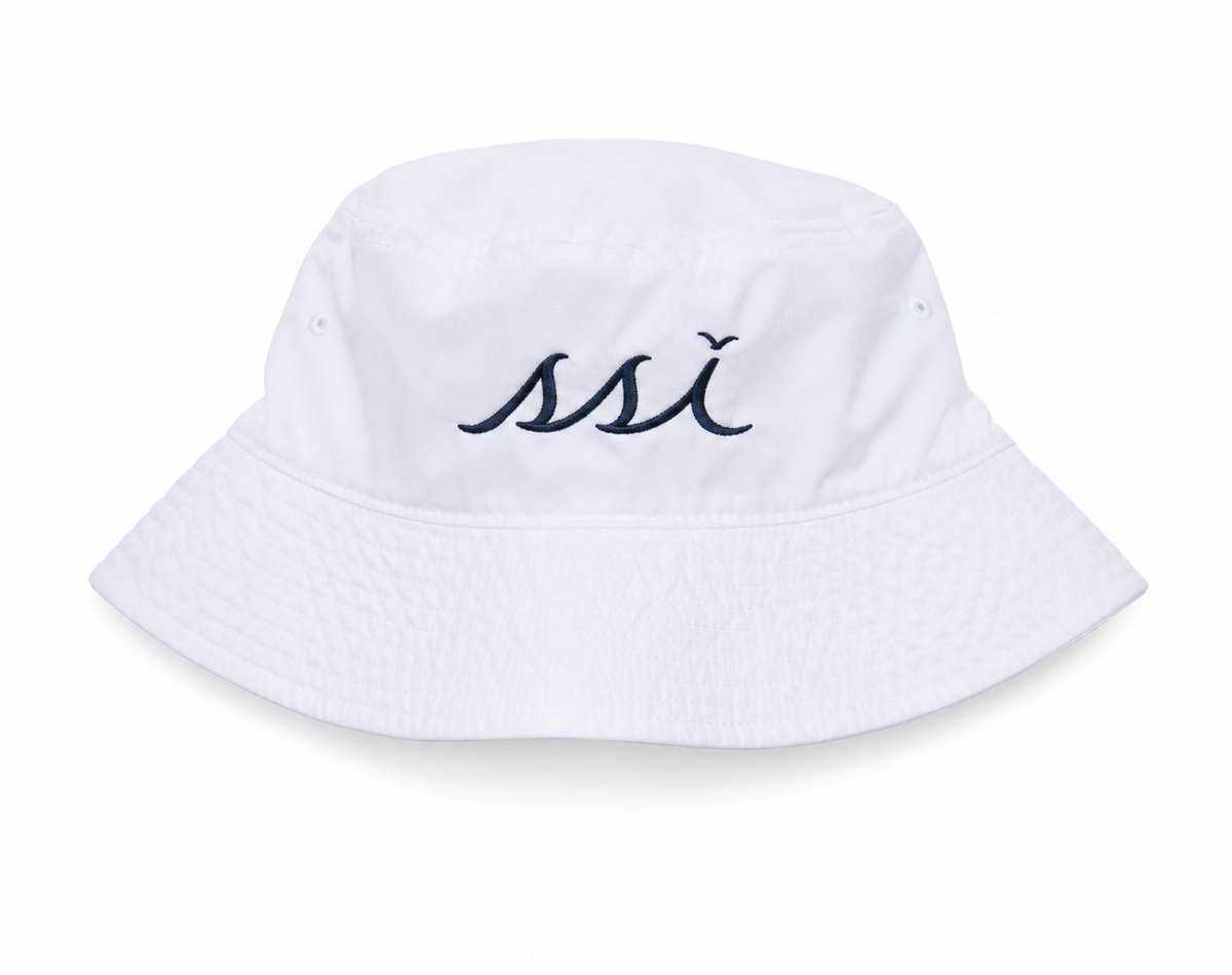 St. Simons Island White Bucket Hat Navy Logo — Size Small